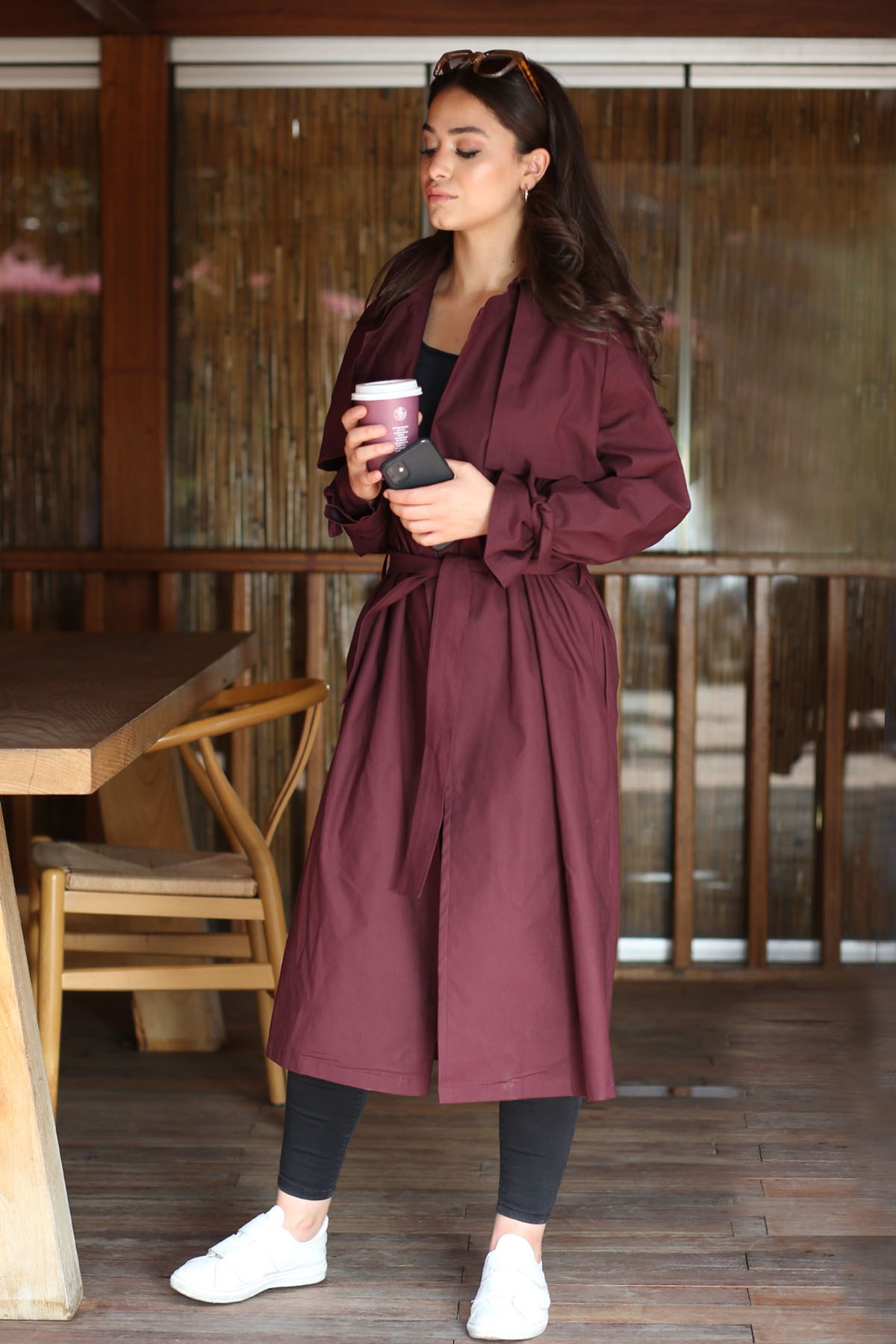 TRENCH-GABARDİN KUMAŞ BORDO