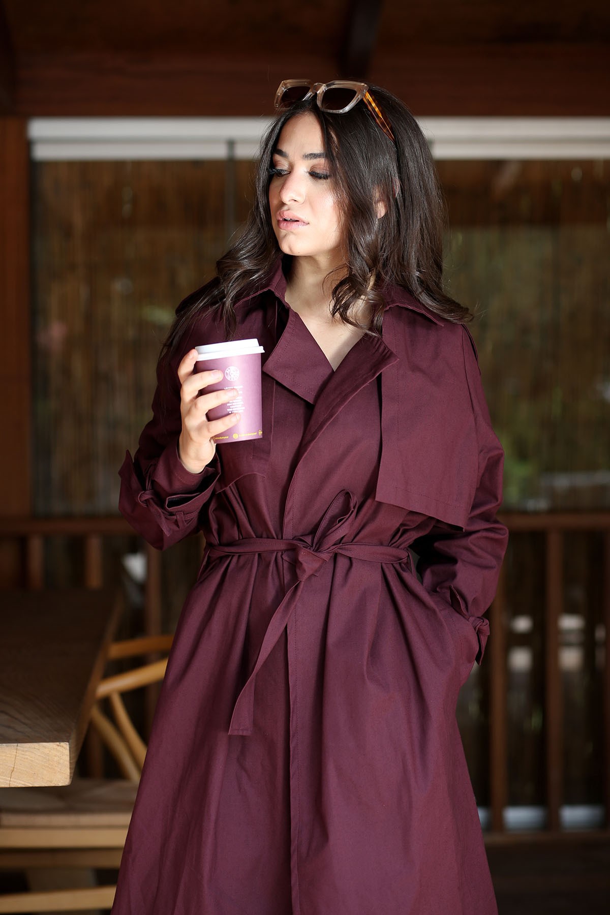 TRENCH-GABARDİN KUMAŞ BORDO