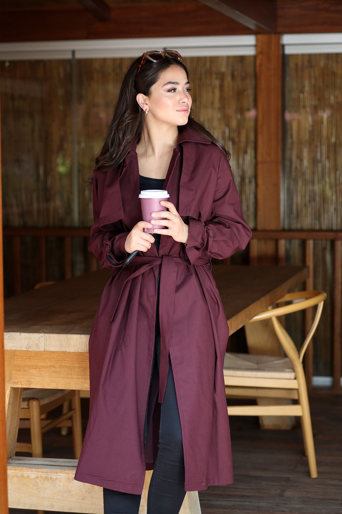 TRENCH-GABARDİN KUMAŞ BORDO
