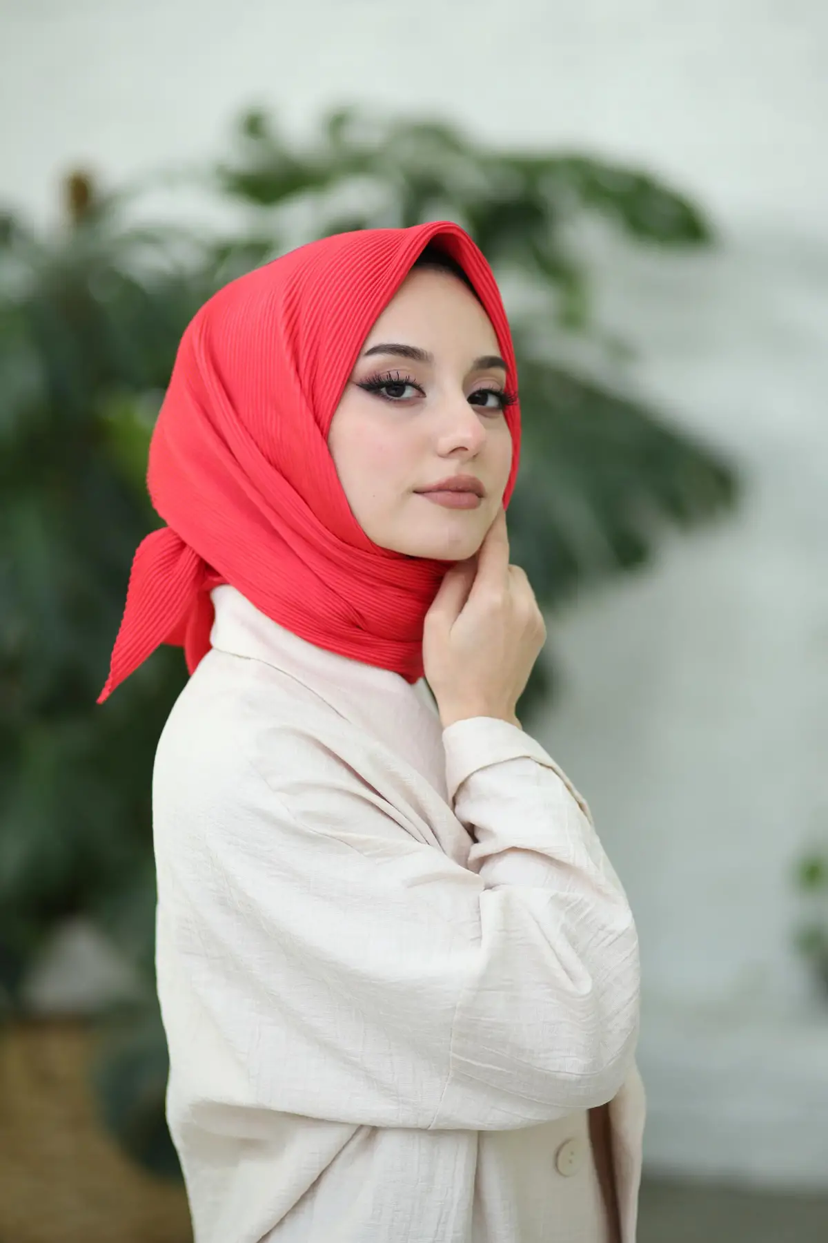 Nar Çiçeği-Pliseli düz eşarp